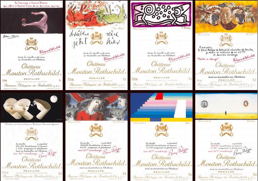 chateau mouton rothschilds labels with artwork depicting their history